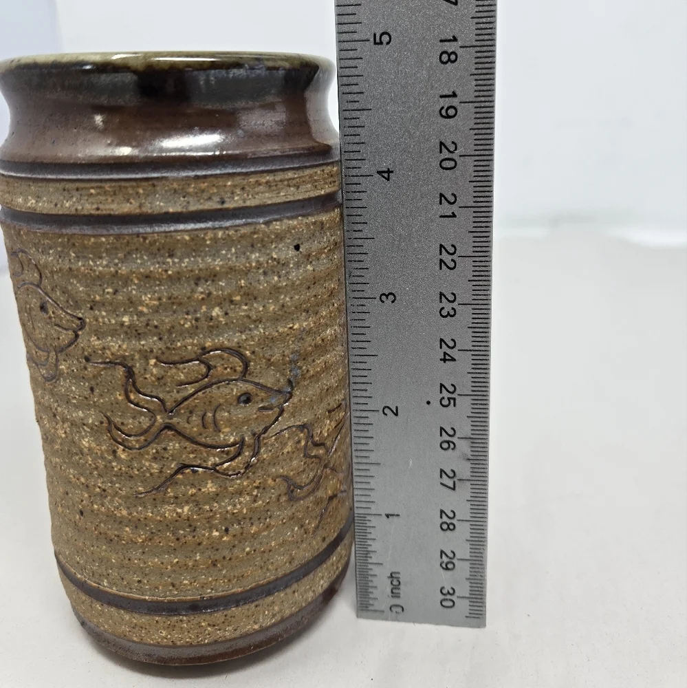 Barnes Studio Pottery Vase or Glass Swimming Fish Rustic Exterior Handmade Signd